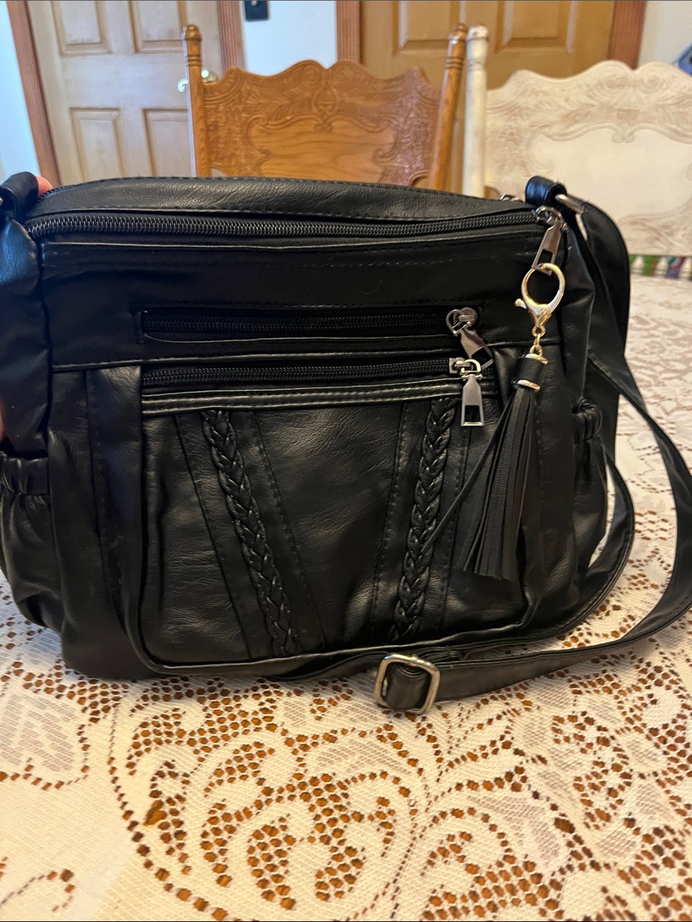 Black faux, leather, braided purse